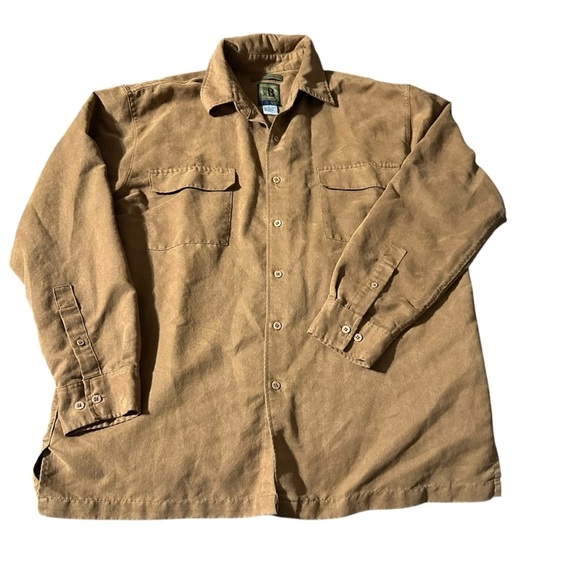 Bruno men's size large sueded microfiber brown button down long down shirt - Picture 1 of 3